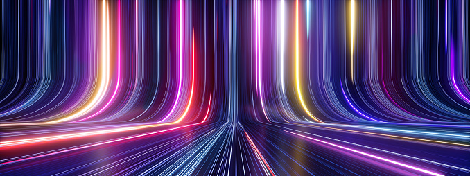 3d render, abstract panoramic neon background with glowing colorful lines