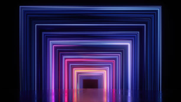 istock 3d render, abstract panoramic background with neon lines glowing in ultraviolet spectrum. Empty virtual room, square frame 1341279572