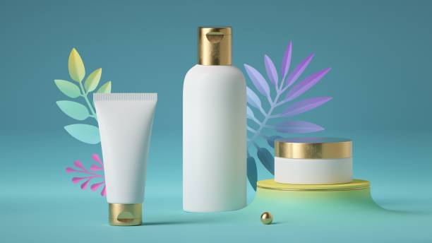 istock 3d render, assorted cosmetics bottles and jars decorated with tropical leaves isolated on blue background. Skin care products presentation 1341279641