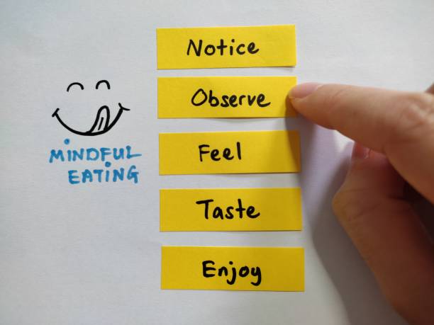 istock Mindful eating concept. Mindfulness lifestyle. Tips for mindful eating, notice, observe, feel, taste and enjoy food 1341280859