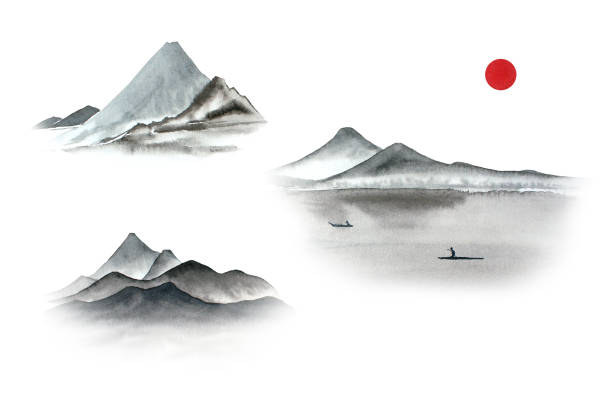 istock Set of watercolor mountains in fog hand drawn in sumi-e style 1341281006
