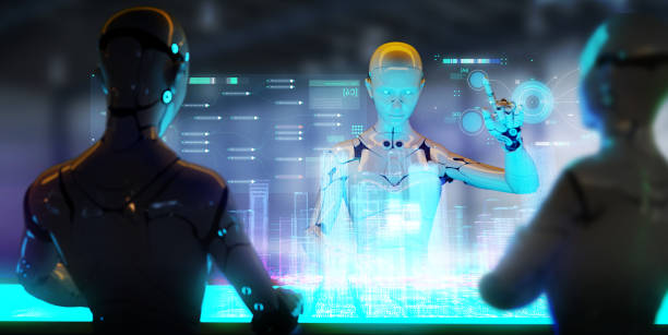 istock Computer aided manufacturing, future factory engineering and industrial technology, 3D robot meeting teamwork working in factory futuristic computer 1341282481