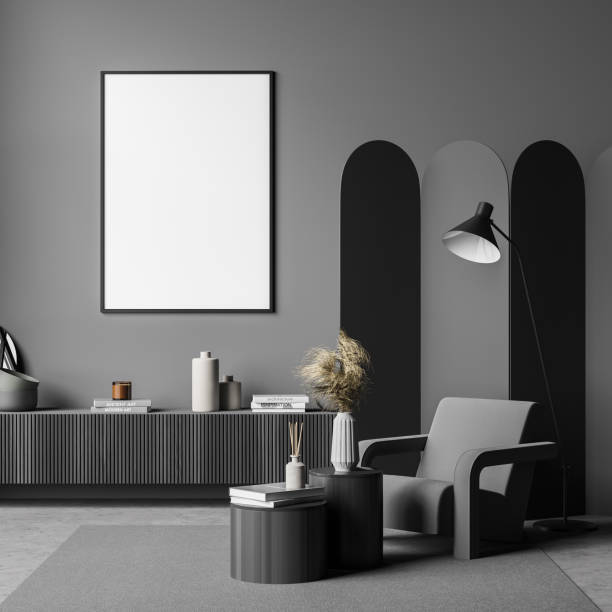 istock Dark living room interior with white empty poster, armchair 1341283721