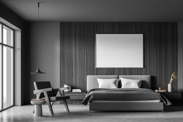 istock Banner in the dark grey bedroom with pendant light and wall panelling 1341284527