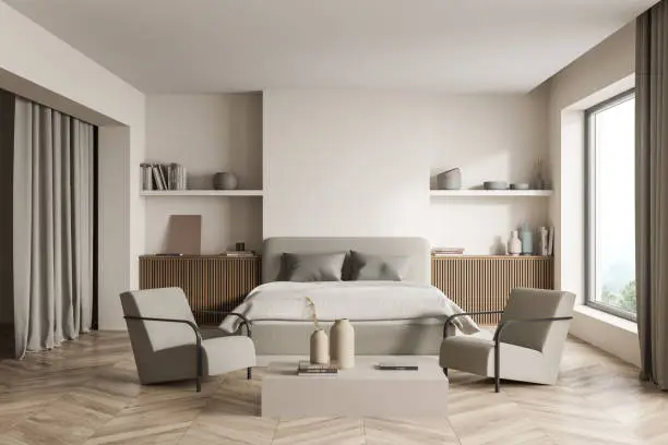 Bedroom design, using beige furnishing, two armchairs and shelves on the background, creating symmetric balance in interior with a panoramic view. Parquet flooring. 3d rendering