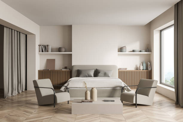 modern simple beige bedroom with comfy armchairs - 睡房 圖片 個照片及圖片檔