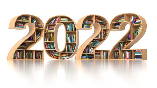 2022 new year education concept. Bookshelves with books in the form of text 2022. 3d illustration