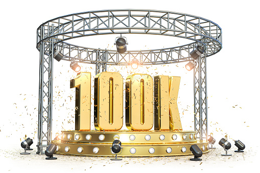 100k followers celebration. Number 100k on the stage with spotlight and confetti. 3d illustration