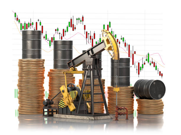 нефтяные баррели на стопках золотых монет и домкрата нефтяного насоса с графиком рыночной цены. сни жение цен на нефтяные акции и концепция  - opec стоковые фото и изображения