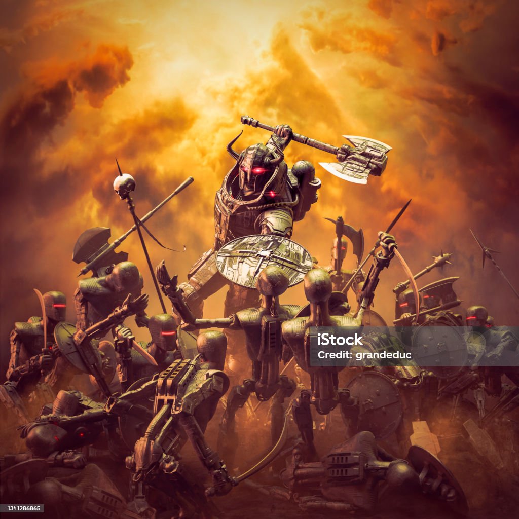 Futuristic viking in battle 3D illustration of science fiction robot knight with horned helmet fighting army of androids under heavenly clouds Fantasy Stock Photo