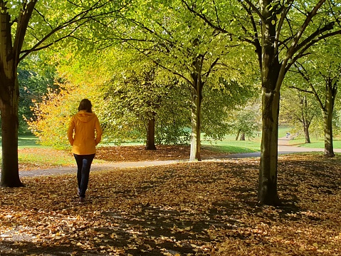 Chica caminando en un parque con colores otoñales photo