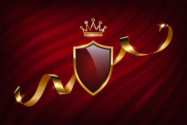 Royal heraldic emblem on curtain, realistic 3d blazon from shield, golden crown, ribbon Royal heraldic emblem on curtain vector illustration. Realistic 3d vintage medieval blazon from metal shield with gold frame, golden crown, ribbon on classic red curtain or cloak mantle background emperor stock illustrations