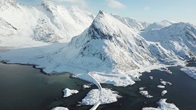 4K UHD Aerial drone view point Lofoten Island landmarks winter time , Norway , Europe