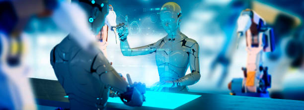 istock Robot and robot arm working automated in factory, industry 5.0 artificial intelligence manufacturing process control with computer digital technology 1341292888
