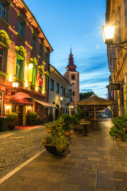 istock Ptuj Illuminated Coble Street in Slovenia at Blue Hour 1341292892