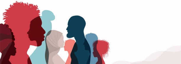 Group silhouette profile of men and women of diverse culture. Diversity multicultural people. Racial equality and anti-racism. Multiethnic society. Friendship.Community. Banner copy space Possible use to express the concept of equality between multiethnic and multiracial people. Unity and solidarity between people of different cultures. Concept of activist and protest movement. Friendship, solidarity, tolerance and brotherhood among peoples. International and multicultural society and population. Cooperation between communities. Anti-racism protest anti racism stock illustrations