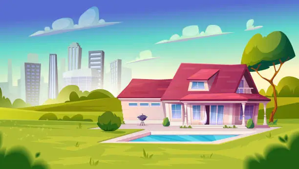 Vector illustration of Suburban house, residential cottage, real estate countryside building exterior.Two storey dwelling place with pool, lawn