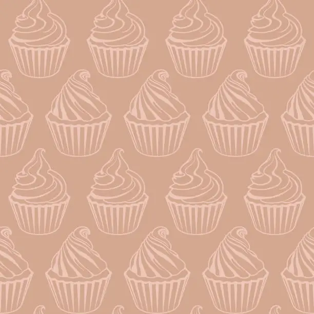 Vector illustration of Seamless vector pattern in pastel colores for wrapping, wallpaper and fabric. Contour cupcakes with whipped cream on brown background