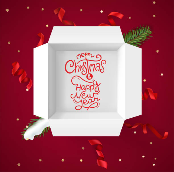 開いた箱と黄金のレタリング碑文を持つクリスマスバナー - christmas snow frame snowflake点のイラスト素材／クリップアート素材／マンガ素材／アイコン素材