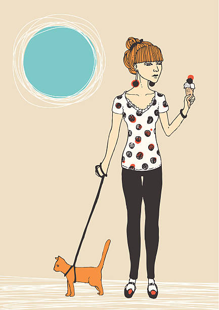 Girl and Cat vector art illustration