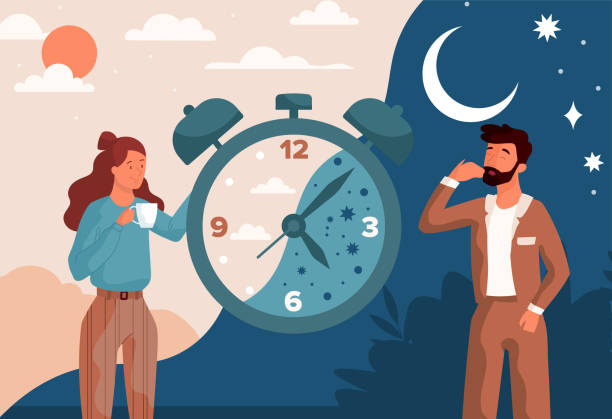 Circadian rhythm concept Circadian rhythm concept. Healthy day and night cycle. Man falls asleep, and woman turns off the alarm clock and falls asleep. Cartoon modern flat vector illustration isolated on colorful background morning afternoon night stock illustrations