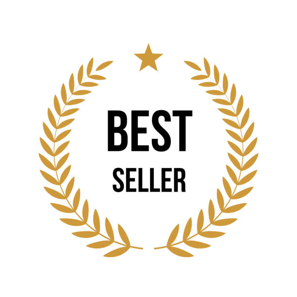Best seller award icon badge, top quality logo, premium emblem stamp with laurel wreath Best seller award icon badge vector illustration. Top quality logo, premium emblem prize stamp with round luxury gold laurel wreath, golden star sign and best seller black text isolated on white best sellers stock illustrations