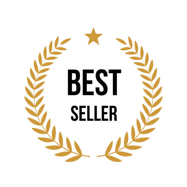 Best seller award icon badge, top quality logo, premium emblem stamp with laurel wreath Best seller award icon badge vector illustration. Top quality logo, premium emblem prize stamp with round luxury gold laurel wreath, golden star sign and best seller black text isolated on white best seller concept stock illustrations