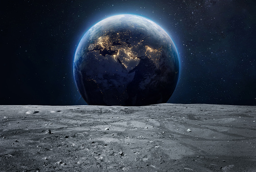 Moon surface and Earth at night in deep space. Planet and satellite. Artemis space program. Elements of this image furnished by NASA (url: https://www.nasa.gov/sites/default/files/styles/full_width_feature/public/thumbnails/image/as11-40-5944.jpg https://eoimages.gsfc.nasa.gov/images/imagerecords/79000/79765/dnb_land_ocean_ice.2012.3600x1800.jpg)