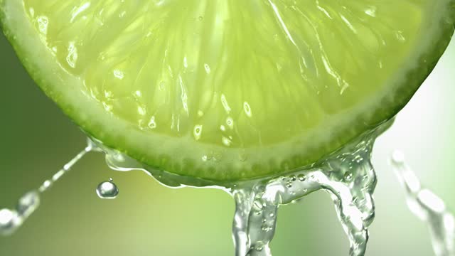 Slow Motion Macro Shot of Flowing Lime Juice from Lime Slice