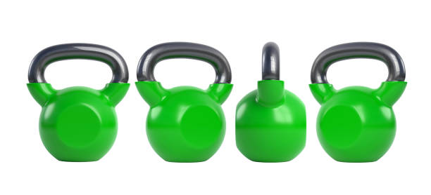 Green metal kettlebell isolated on white background Green metal kettlebell isolated on white background. View from all sides. Gym and fitness workouts concept. Sport equipment. Workout tools. 3D render illustration Barbell stock pictures, royalty-free photos & images