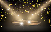 istock Template for a festive illustration with golden falling confetti with blur isolated on transparent background. 1341302932