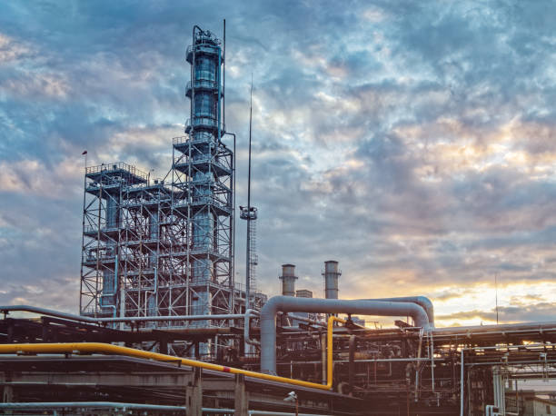 View of the petrochemical industrial plant against the background of the evening sky. stock photo
