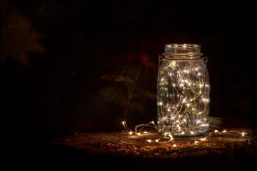 Mason Jar with twinkle lights on a log stump at night