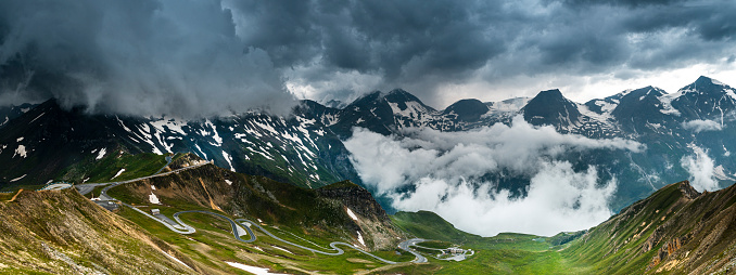 Panoramic High Alpine Road Grossglockner in Dramatic Mountains.