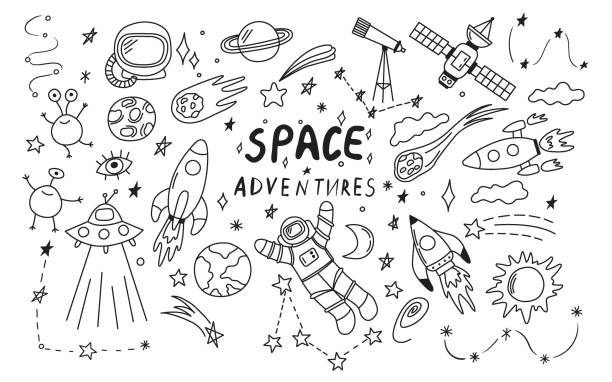 Doodle space illustration in childish style. Set of cosmos vector elements such as rocket, astronaut, stars, asteroids, ufo. Sketch icons of various astronomy objects. Design clipart. Black line print Doodle space illustration in childish style. Set of cosmos vector elements such as rocket, astronaut, stars, asteroids, ufo. Sketch icons of various astronomy objects. Design clipart. Black line print rocketship clipart stock illustrations