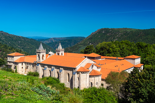 Ourense, Galicia, Spain - August 9, 2021: The monastery of Santo Estevo de Ribas de Sil was built between the 12th and 18th centuries and is now partly a government run hotel.