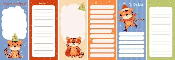 Vector illustration of New Years Set of weekly or daily planner, note paper, to-do list, sticker templates Merry Christmas, decorated with cute tiger and christmas tree. Vector illustration. Vertical templates