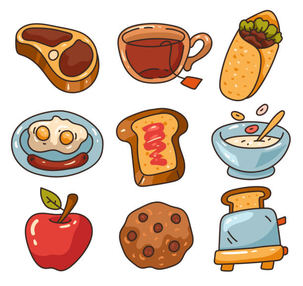 illustrations, cliparts, dessins animés et icônes de nourriture saine pour le petit-déjeuner, collection d’ensembles de conception graphique isolée - biscuit sausage sandwich breakfast