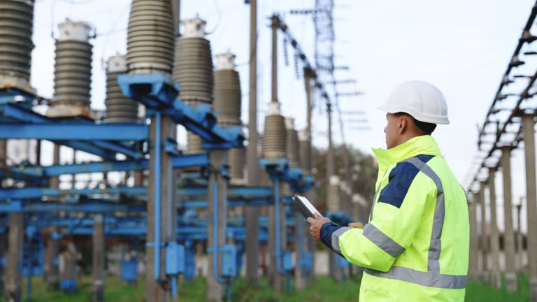 Electrical worker engineer a working with digital tablet, power near tower with electricity. Energy business technology industry concept. Electrical engineer studying reading on tablet