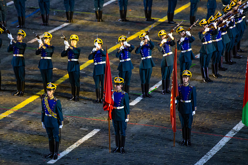 Moscow, Russia - September 01, 2021. Military band Festival, performance on Red Square with special effects and fireworks