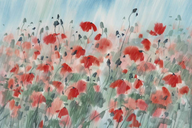istock Red poppy field in the rain watercolor background 1341312663