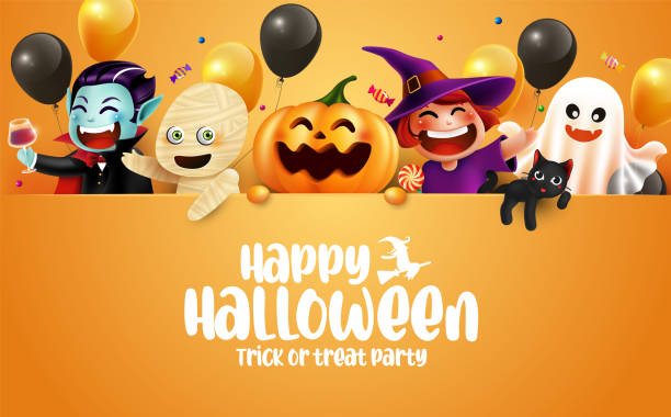 Halloween character and lettering element design with copy space Halloween Background, Trick or Treat Concept, vector illustration Halloween character and lettering element design with copy space Halloween Background, Trick or Treat Concept, vector illustration eps10 cute ghost stock illustrations