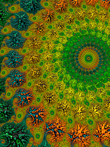 Multi-colored background, which patterns remind those of a mandala.