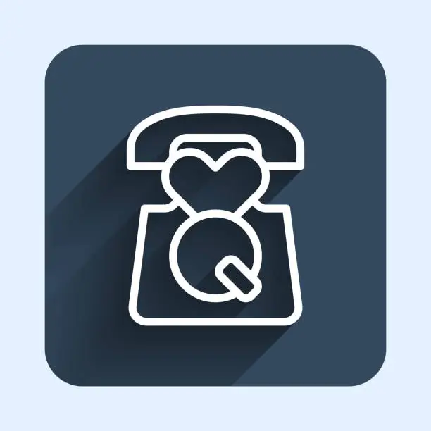 Vector illustration of White line Telephone with emergency call 911 icon isolated with long shadow background. Police, ambulance, fire department, call, phone. Blue square button. Vector