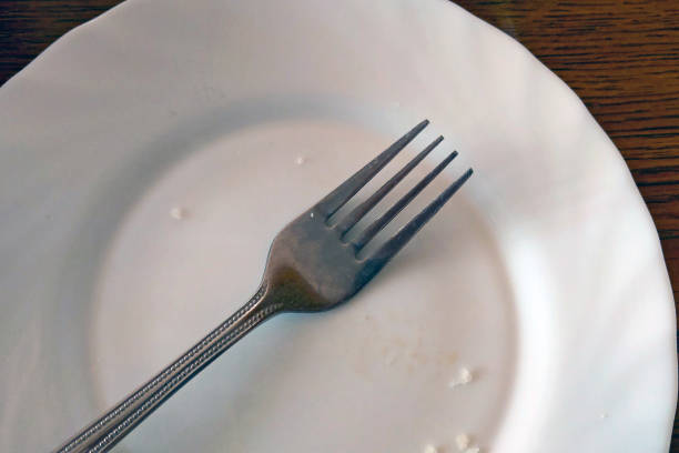 пустая тарелка с вилкой после еды, грязная - space to left стоковые фото и изображения