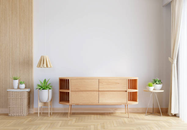 istock Wood sideboard in living room with copy space, 3D rendering 1341314794
