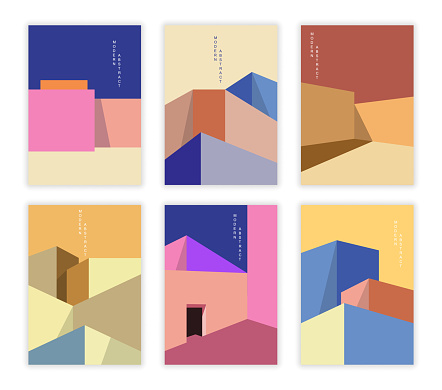 Abstract architectural posters. Set of colorful templates with geometric shapes, shadow and inscription. Design elements for wall decoration. Cartoon isometric vector set isolated on white background