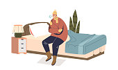 istock Man shivering from cold sit on bed dressed in warm clothes and hat in bedroom indoors 1341318520