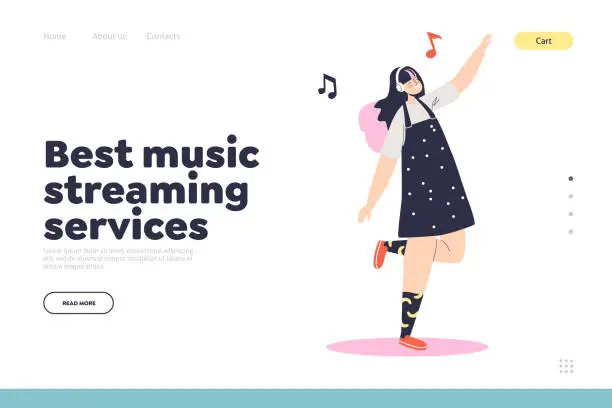 Vector illustration of Online music streaming service concept of landing page with girl dancing wearing headphones