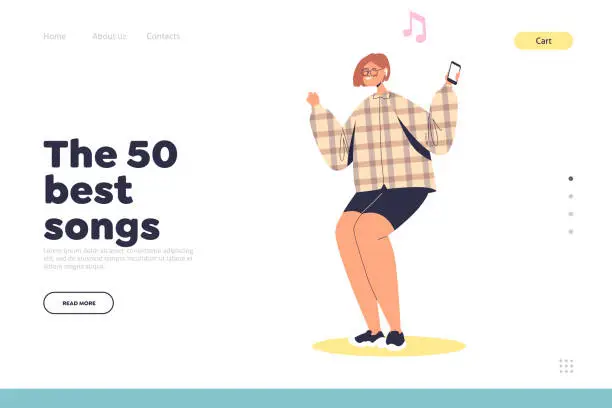 Vector illustration of Top best songs concept of landing page with happy girl dance listening favorite music in earphones